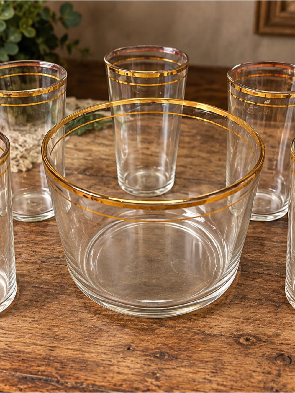Vintage Gold Rim Glass Barware Set Ice Bucket + 5 Tumblers Mid Century Style
